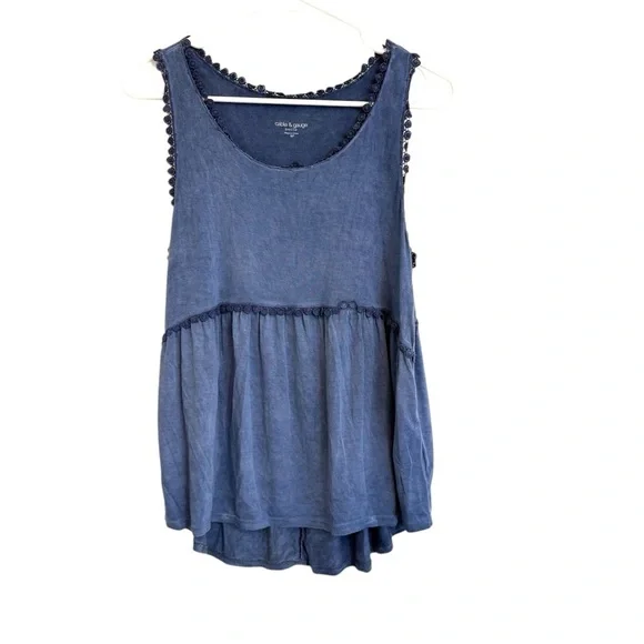 2/$15 Cable & Gauge - Blue Crochet Trim Sleeveless Peplum Tank Top Size SP - Picture 1 of 7